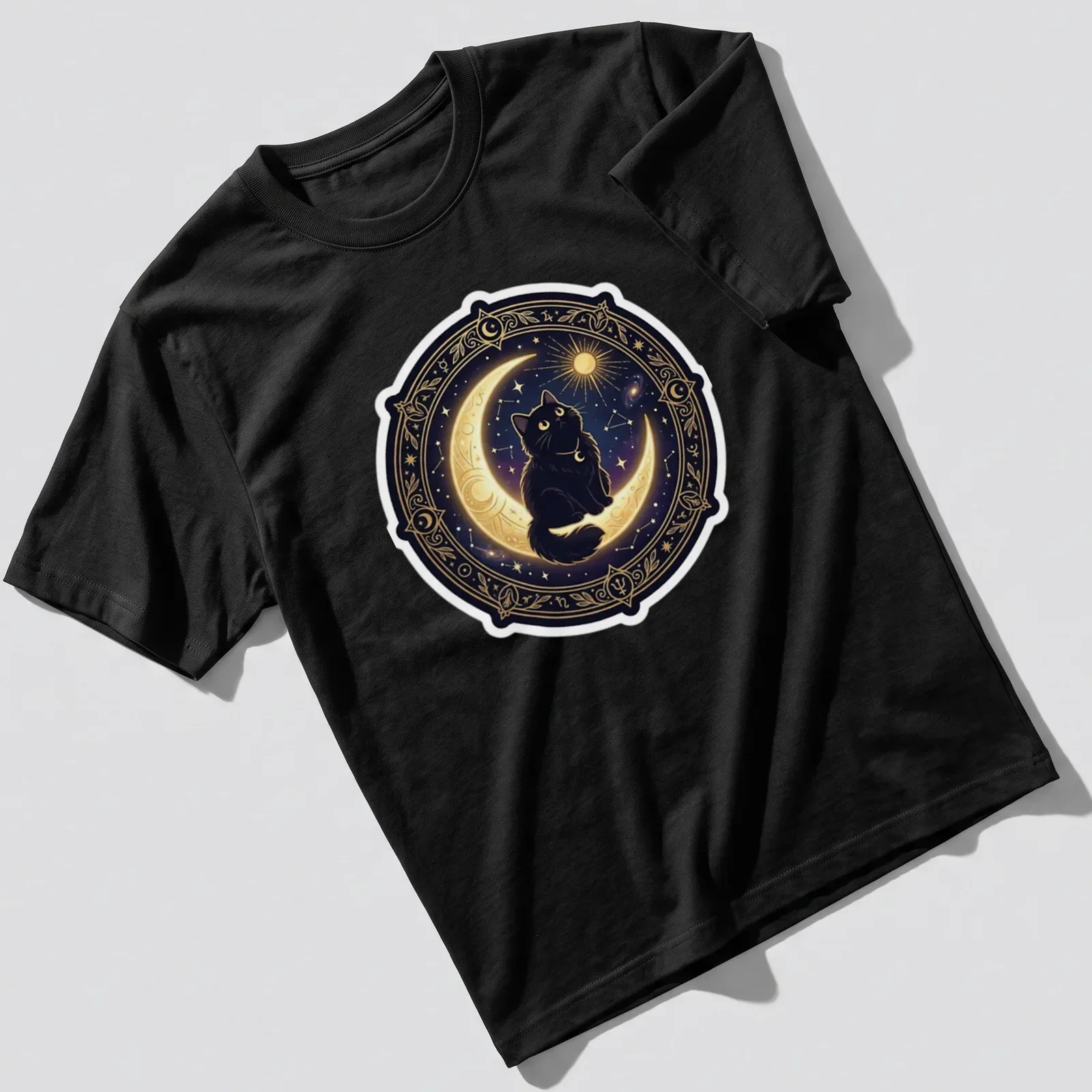 Illustrative design of a black cat sitting on a crescent moon against a starry background — printed on a unisex t-shirt
