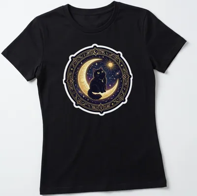 Illustrative design of a black cat sitting on a crescent moon against a starry background — printed on a women's shirt