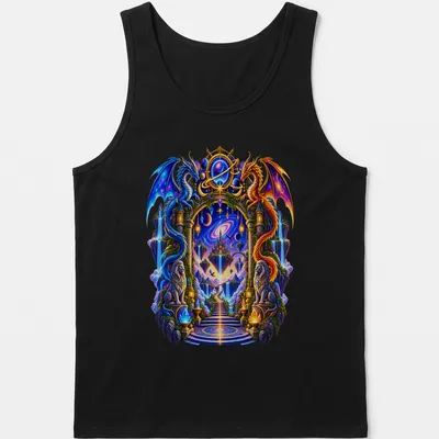 Illustration of blue and orange dragons surrounding a mystical portal in vibrant colors — printed on a tank top