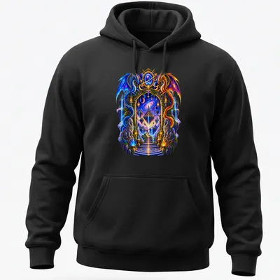 Illustration of blue and orange dragons surrounding a mystical portal in vibrant colors — printed on a unisex hoodie