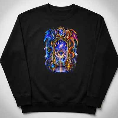 Illustration of blue and orange dragons surrounding a mystical portal in vibrant colors — printed on a unisex sweatshirt