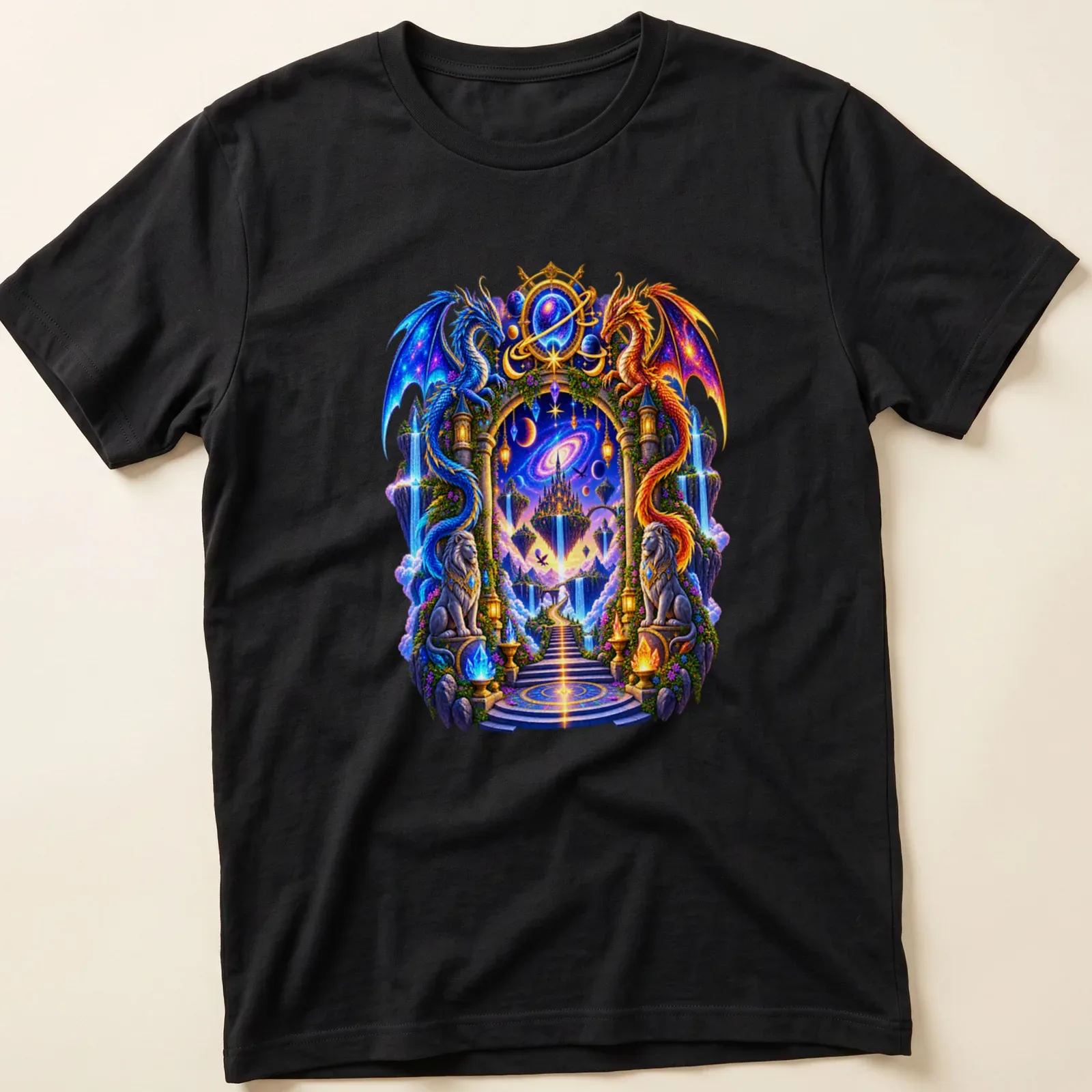 Illustration of blue and orange dragons surrounding a mystical portal in vibrant colors — printed on a unisex t-shirt