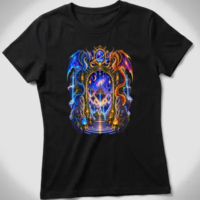 Illustration of blue and orange dragons surrounding a mystical portal in vibrant colors — printed on a women's shirt