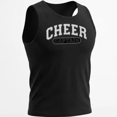 Bold collegiate Cheer Captain t-shirt in black and white typography — printed on a tank top