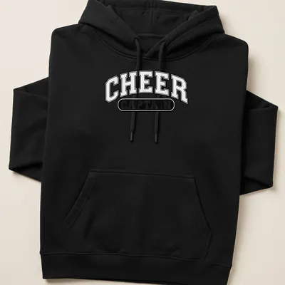 Bold collegiate Cheer Captain t-shirt in black and white typography — printed on a unisex hoodie