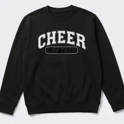 Bold collegiate Cheer Captain t-shirt in black and white typography — printed on a unisex sweatshirt
