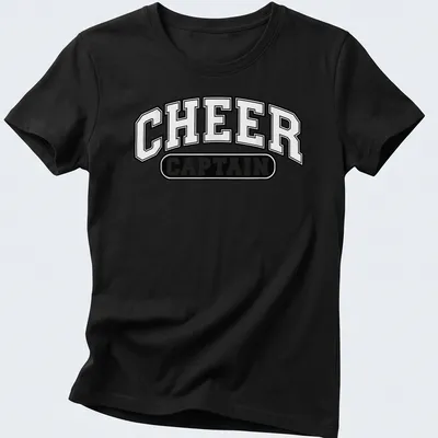 Bold collegiate Cheer Captain t-shirt in black and white typography — printed on a women's shirt