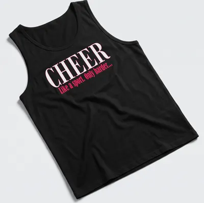 Playful typography Cheer Like a Sport Only Harder t-shirt in pink and white — printed on a tank top
