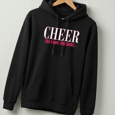 Playful typography Cheer Like a Sport Only Harder t-shirt in pink and white — printed on a unisex hoodie