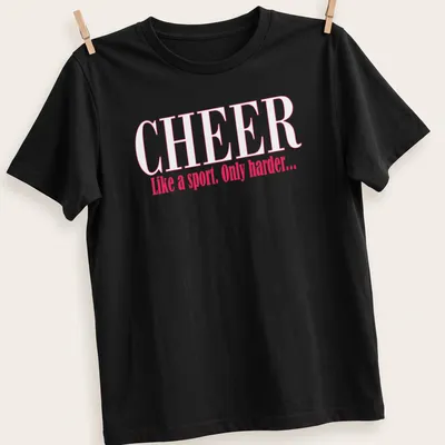 Playful typography Cheer Like a Sport Only Harder t-shirt in pink and white