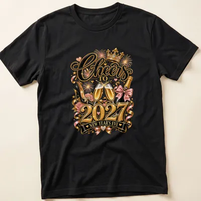 Celebratory New Year's Eve T-shirt with champagne glasses and fireworks