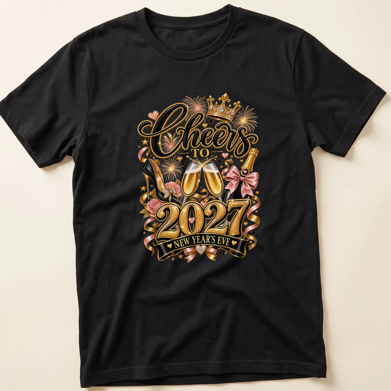 Celebratory New Year's Eve T-shirt with champagne glasses and fireworks — printed on a unisex t-shirt