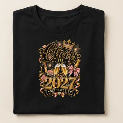Celebratory New Year's Eve T-shirt with champagne glasses and fireworks — printed on a women's shirt