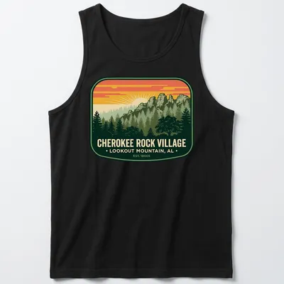 Vintage badge tee with mountain landscape and trees in green, orange, yellow, and blue — printed on a tank top