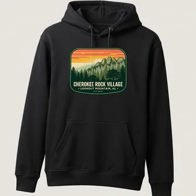 Vintage badge tee with mountain landscape and trees in green, orange, yellow, and blue — printed on a unisex hoodie