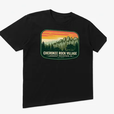 Vintage badge tee with mountain landscape and trees in green, orange, yellow, and blue — printed on a unisex t-shirt (angled view)