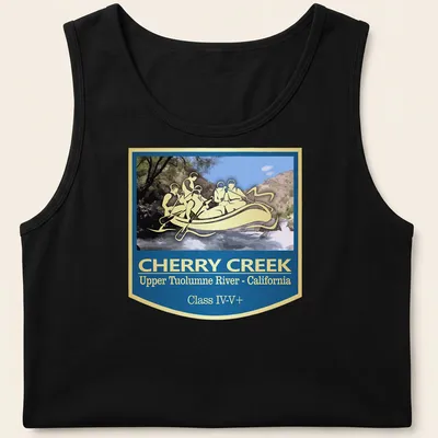Vintage badge style T-shirt featuring a whitewater rafting scene with bold lettering — printed on a tank top