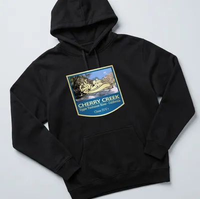 Vintage badge style T-shirt featuring a whitewater rafting scene with bold lettering — printed on a unisex hoodie