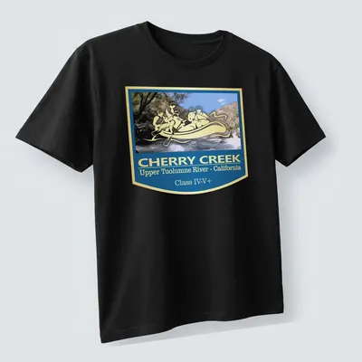 Vintage badge style T-shirt featuring a whitewater rafting scene with bold lettering — printed on a unisex t-shirt (angled view)