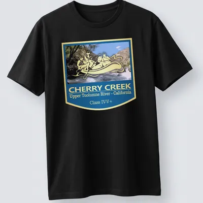 Vintage badge style T-shirt featuring a whitewater rafting scene with bold lettering