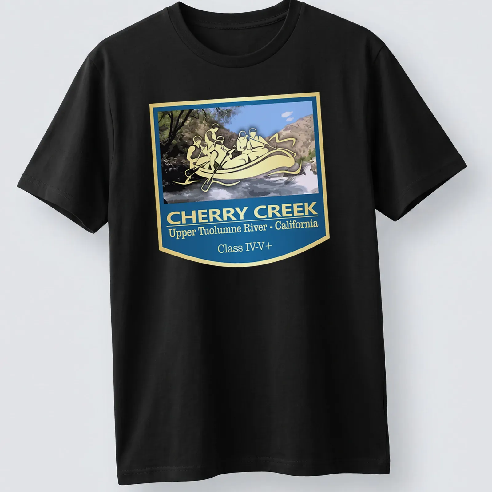 Vintage badge style T-shirt featuring a whitewater rafting scene with bold lettering — printed on a unisex t-shirt