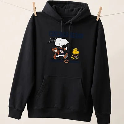 Cartoon design of Snoopy and Woodstock supporting Chicago Bears football. — printed on a unisex hoodie