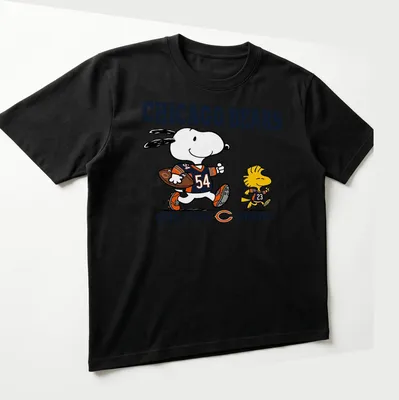 Cartoon design of Snoopy and Woodstock supporting Chicago Bears football. — printed on a unisex t-shirt (angled view)