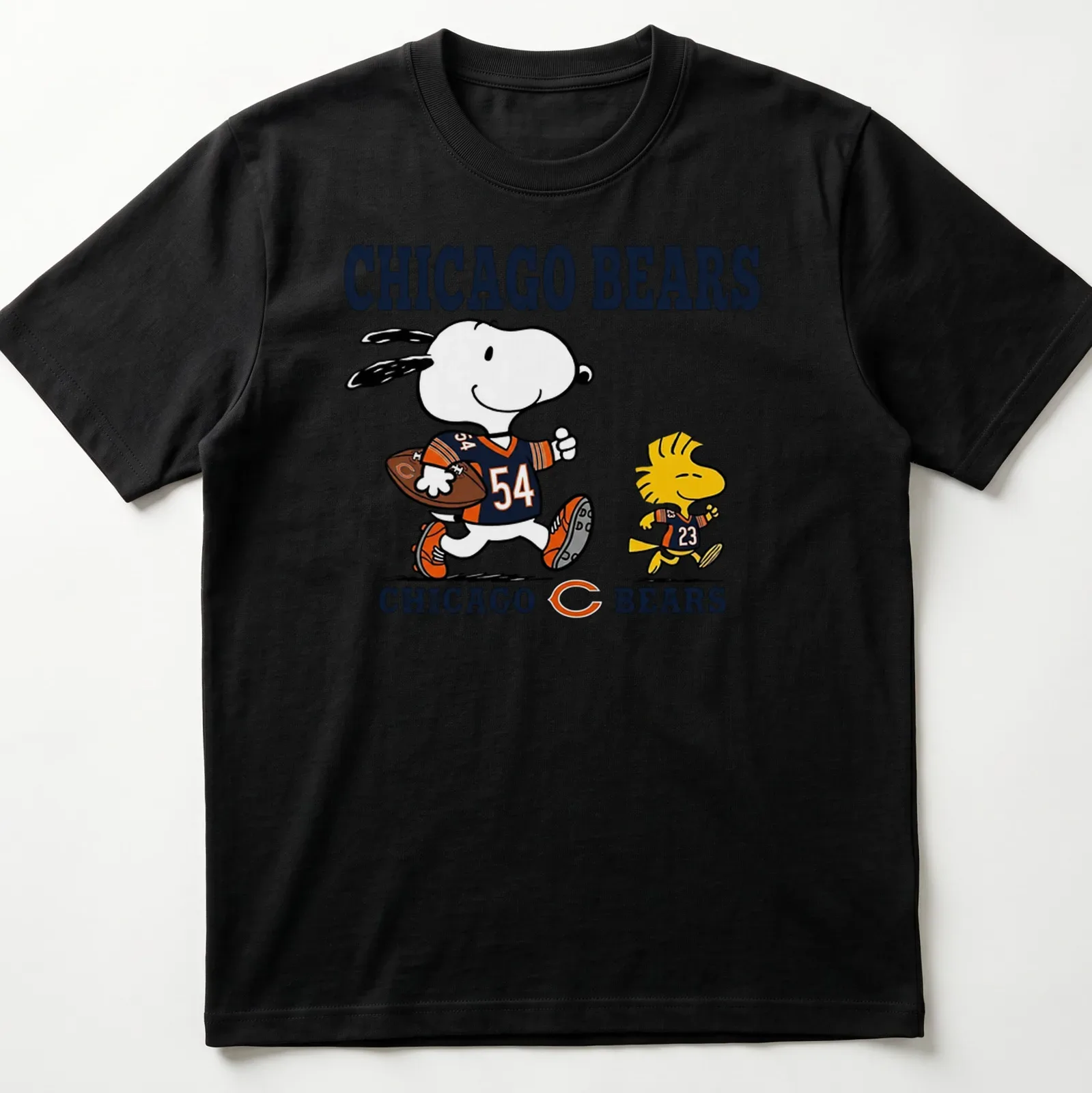 Cartoon design of Snoopy and Woodstock supporting Chicago Bears football. — printed on a unisex t-shirt