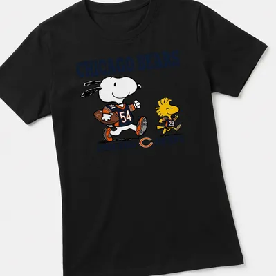 Cartoon design of Snoopy and Woodstock supporting Chicago Bears football. — printed on a women's shirt