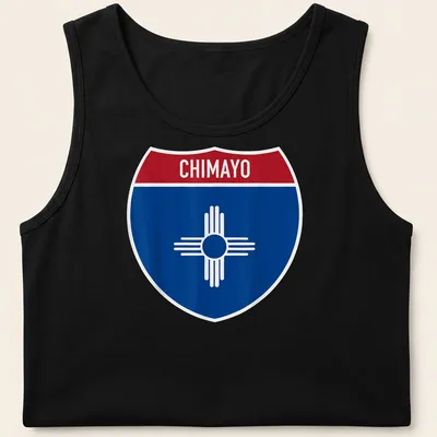 Chimayo New Mexico shirt featuring a shield design with bold lettering — printed on a tank top