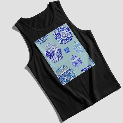 Watercolor print of elegant ginger jars in ice blue tones — printed on a tank top