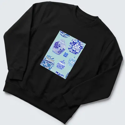 Watercolor print of elegant ginger jars in ice blue tones — printed on a unisex sweatshirt