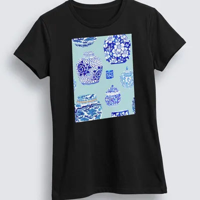 Watercolor print of elegant ginger jars in ice blue tones — printed on a women's shirt