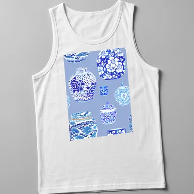 Watercolor illustration of ginger jars in blue and white tones — printed on a tank top