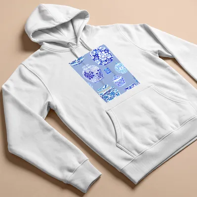 Watercolor illustration of ginger jars in blue and white tones — printed on a unisex hoodie
