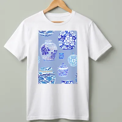 Watercolor illustration of ginger jars in blue and white tones