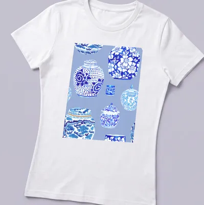 Watercolor illustration of ginger jars in blue and white tones — printed on a women's shirt