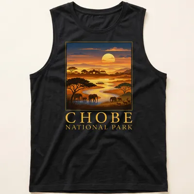 Retro illustration of Chobe National Park with elephants and river landscape. — printed on a tank top