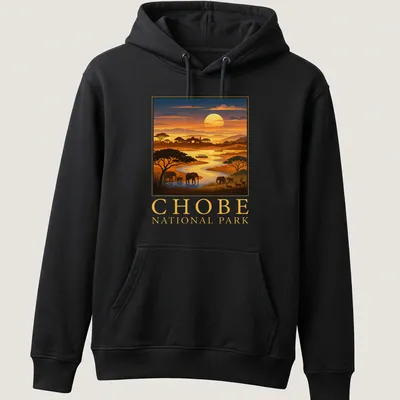 Retro illustration of Chobe National Park with elephants and river landscape. — printed on a unisex hoodie