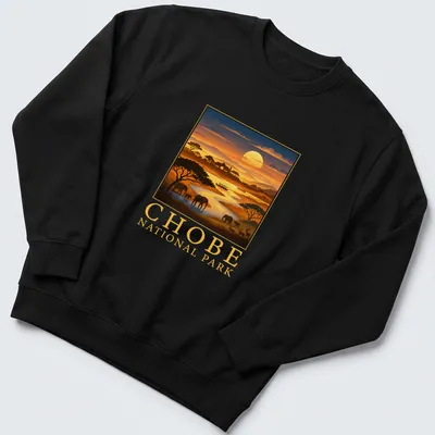 Retro illustration of Chobe National Park with elephants and river landscape. — printed on a unisex sweatshirt