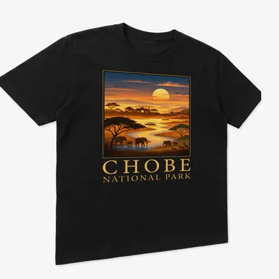 Retro illustration of Chobe National Park with elephants and river landscape. — printed on a unisex t-shirt (angled view)