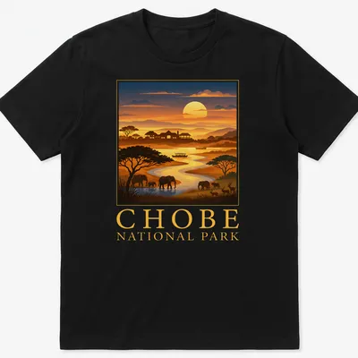 Retro illustration of Chobe National Park with elephants and river landscape.