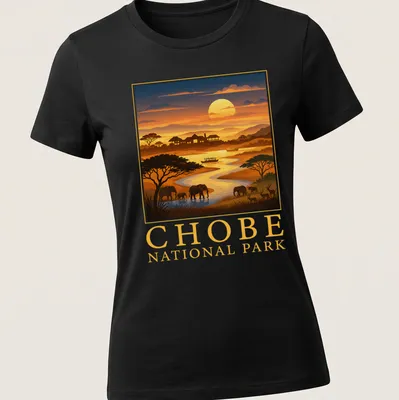 Retro illustration of Chobe National Park with elephants and river landscape. — printed on a women's shirt