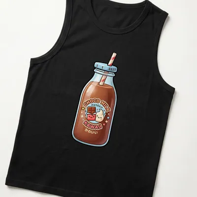 Kawaii chocolate milk bottle t-shirt with playful text and cute design — printed on a tank top