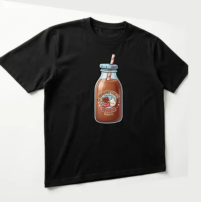 Kawaii chocolate milk bottle t-shirt with playful text and cute design — printed on a unisex t-shirt (angled view)