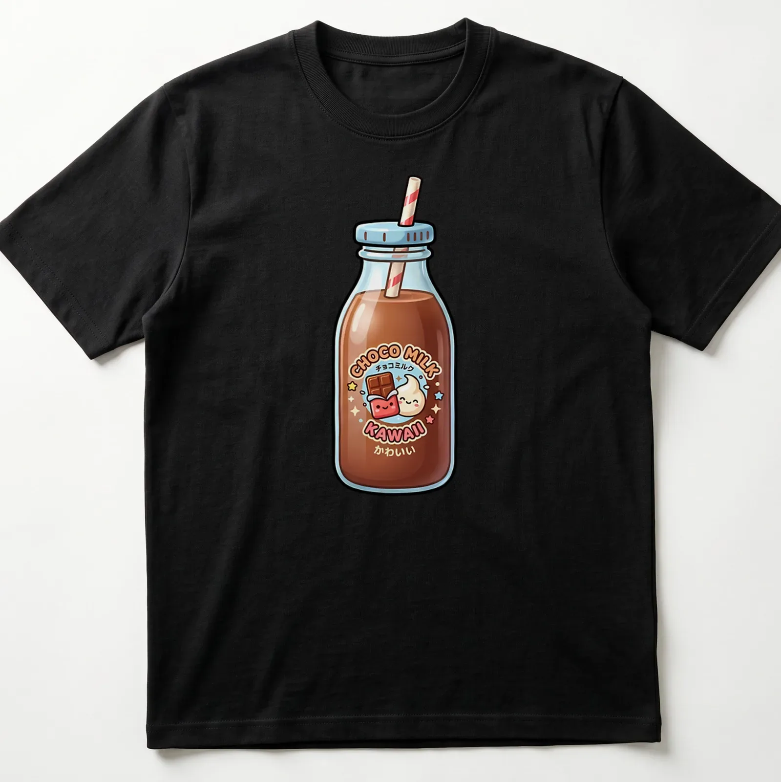 Kawaii chocolate milk bottle t-shirt with playful text and cute design — printed on a unisex t-shirt
