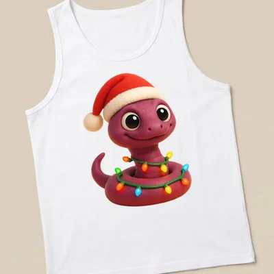 Kawaii design of a Brahminy blind snake wearing a Santa hat in bright colors — printed on a tank top