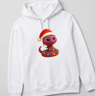 Kawaii design of a Brahminy blind snake wearing a Santa hat in bright colors — printed on a unisex hoodie