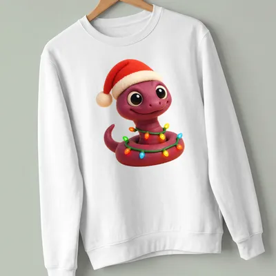 Kawaii design of a Brahminy blind snake wearing a Santa hat in bright colors — printed on a unisex sweatshirt