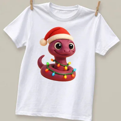 Kawaii design of a Brahminy blind snake wearing a Santa hat in bright colors